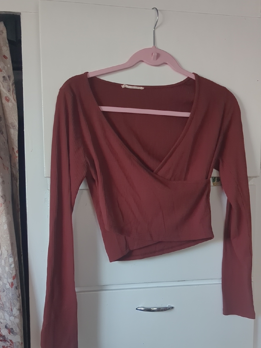 Caution To The Wind Ribbed Wrap Long Sleeve Top - Rust